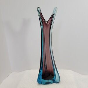 Vtg Hand Blown Murano?? Poli? Tall Swung Vase Purple Teal Smooth Base Tri Lob